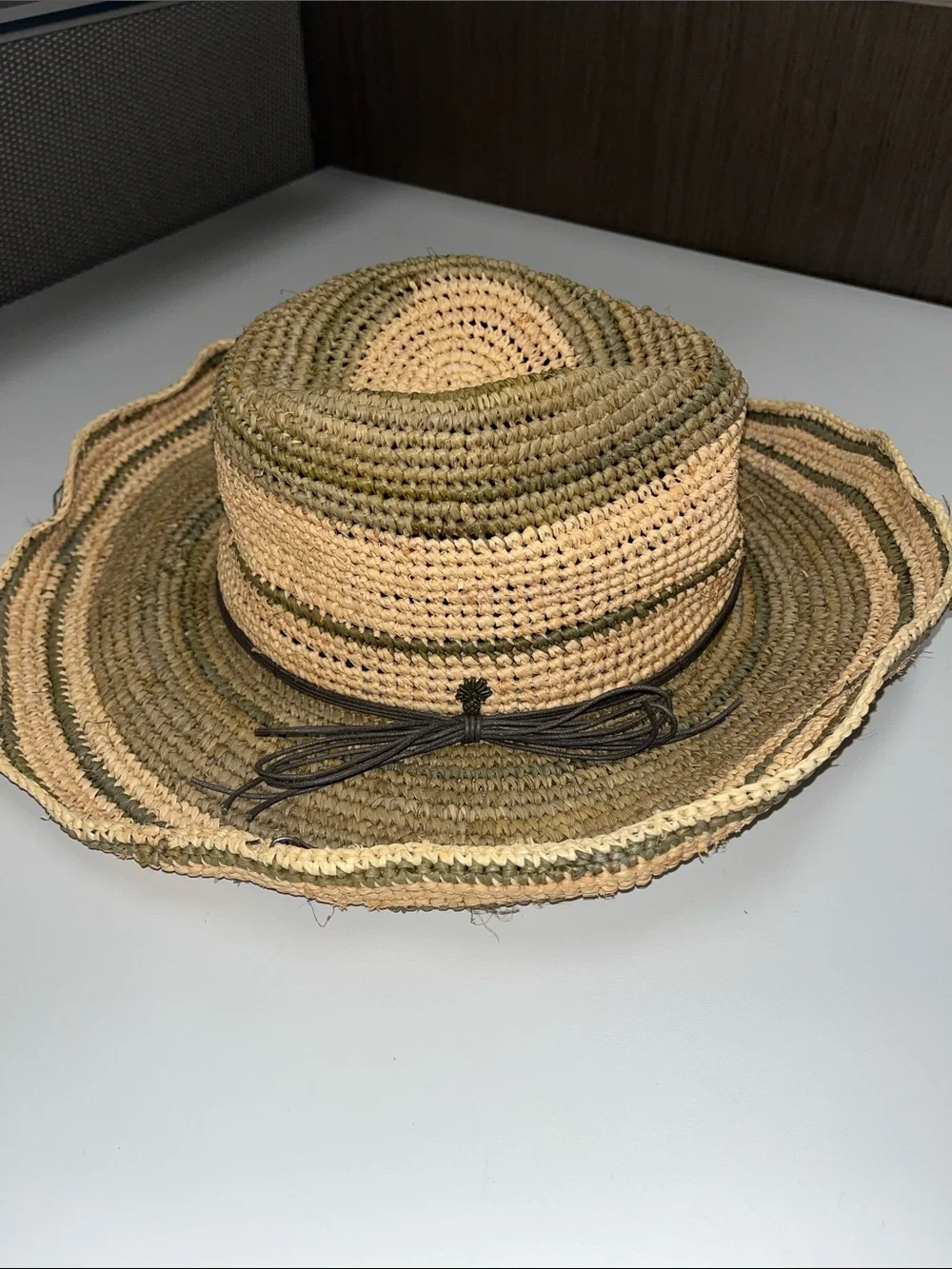 Woven Straw Sun Hat with Natural and Olive Tones / wired ends
